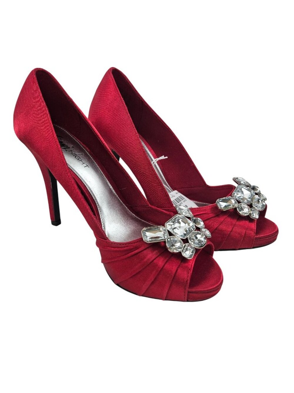 Fiona Night Heels Womens Size 8 Red Satin Shoes Rhinestones Stiletto Peep Toe